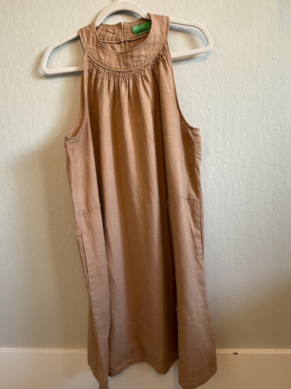 United Colors of Benetton sleeveless 100% pure linen dress in a warm camel/caram